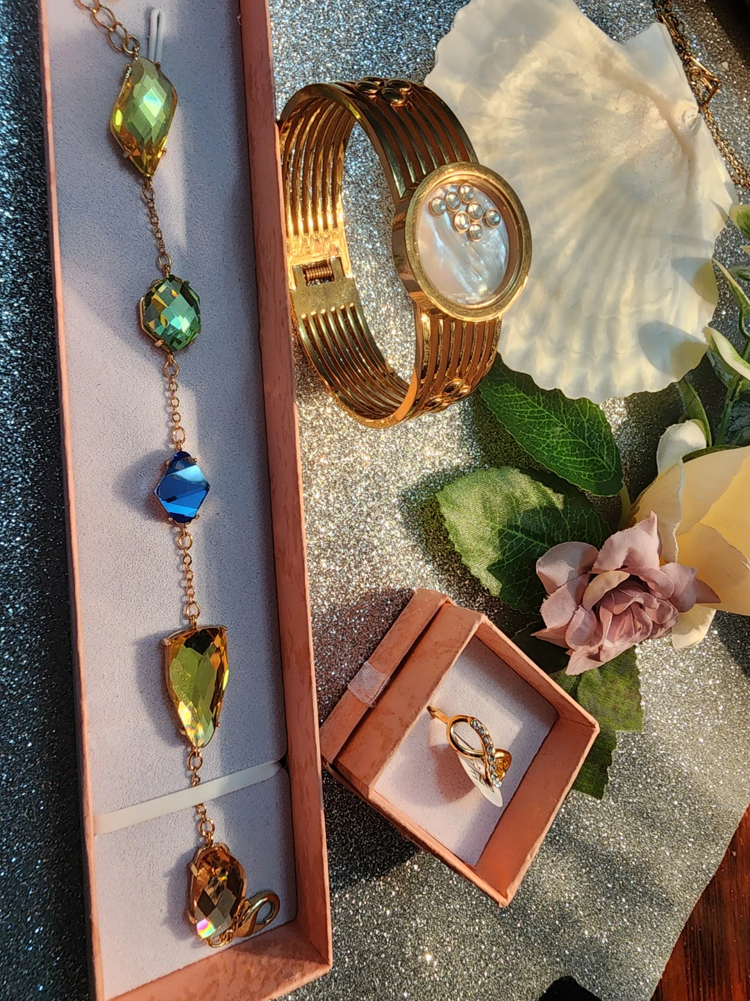 Gold-tone Cuff Watch with Bracelet and Ring Set
