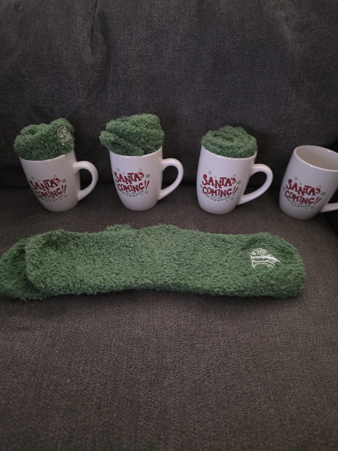 4  new Elf mugs with socks