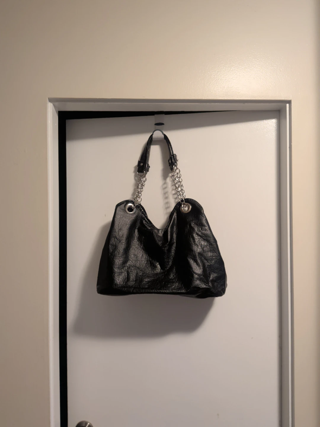 Black Faux Leather Shoulder Bag with Chain Detail