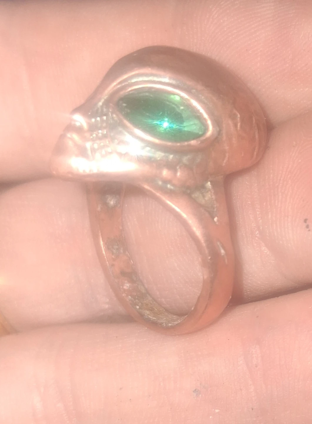 Alien Head Ring with Green Gem Eyes