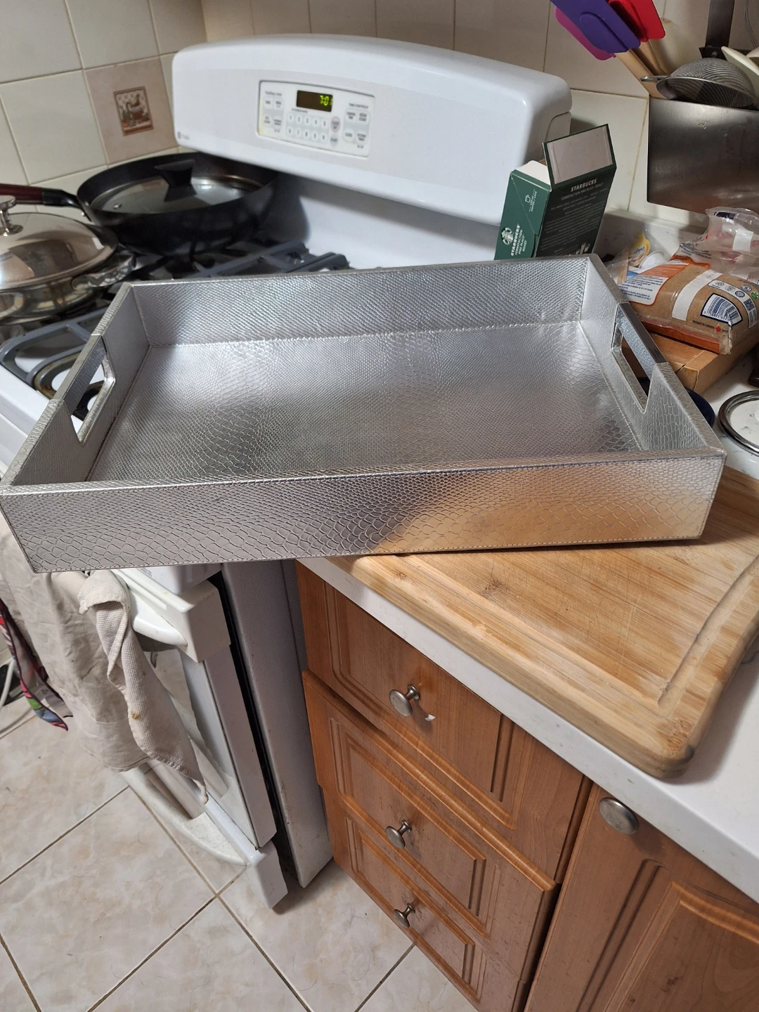 Silver Embossed Serving Tray with Handles - photo 3