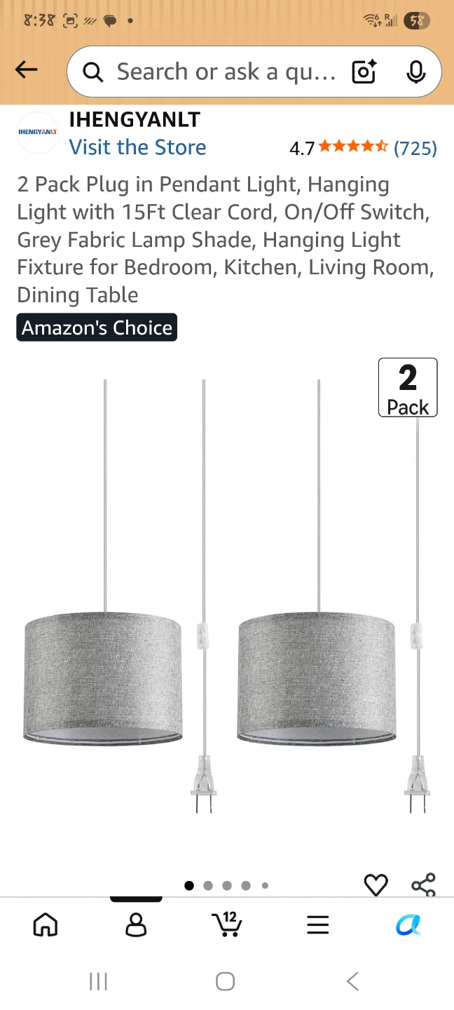 2 Pack Grey Fabric Pendant Lights with 15Ft Cords