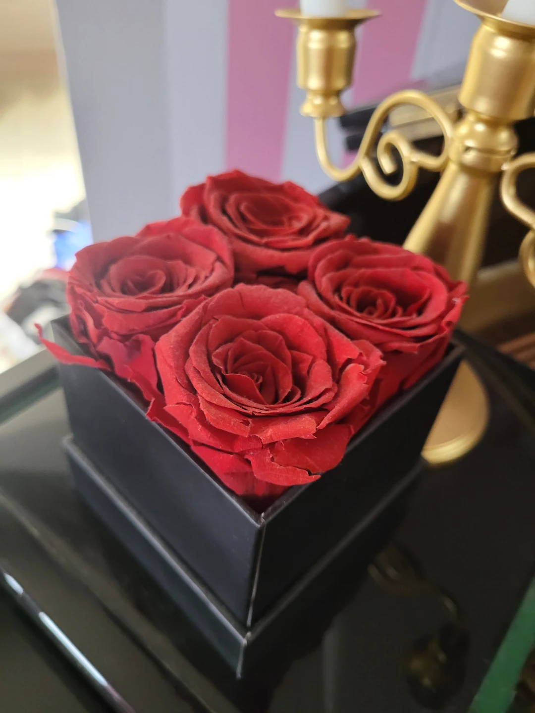 Preserved Red Roses in Black Box