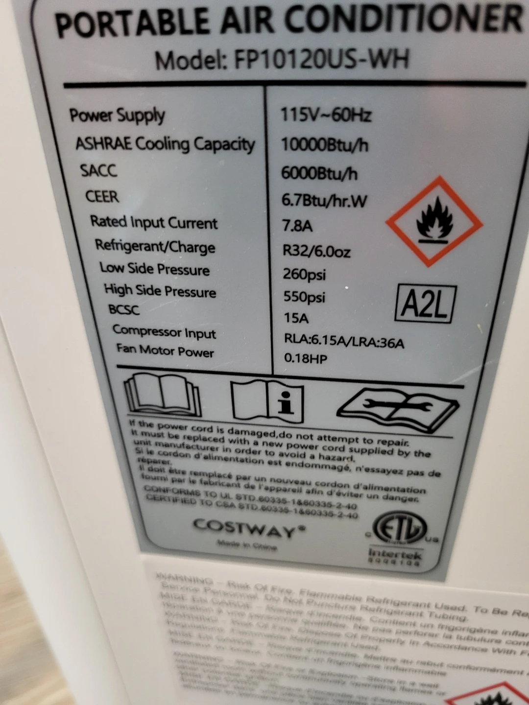 Costway Portable Air Conditioner FP10120US-WH - photo 3
