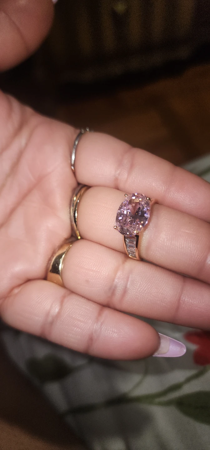 Gold platted Pink Oval Cut Ring with Baguette Accents - photo 5