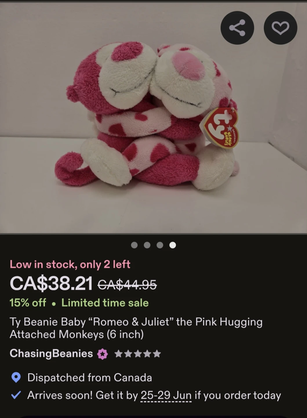 Ty Beanie Pink Spotted Monkey Plush - photo 5