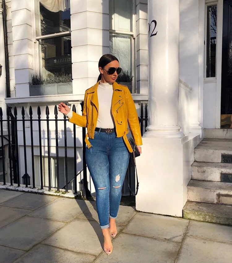 Yellow Faux Leather Biker Jacket