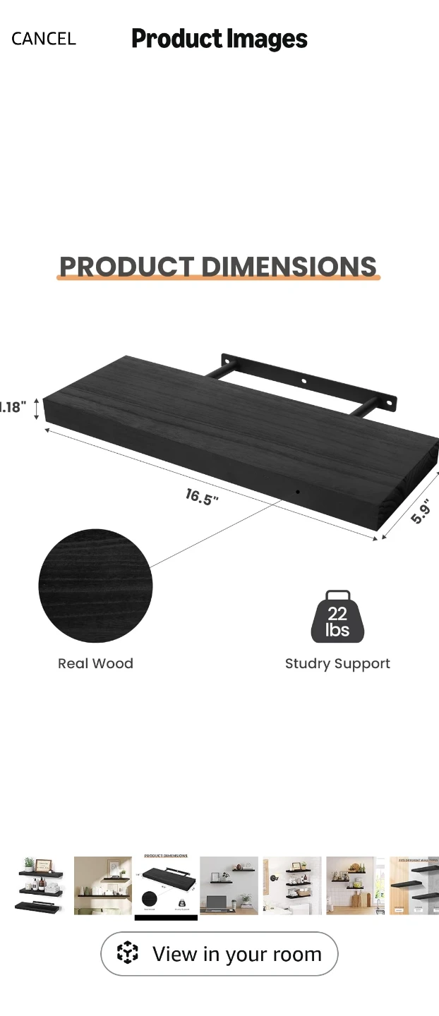 Set of 3 Black Floating Wall Shelves - photo 3