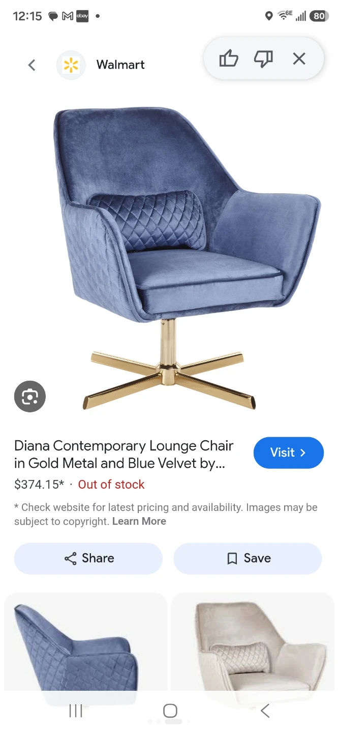 Blue Velvet Contemporary Lounge Chair with Gold Base