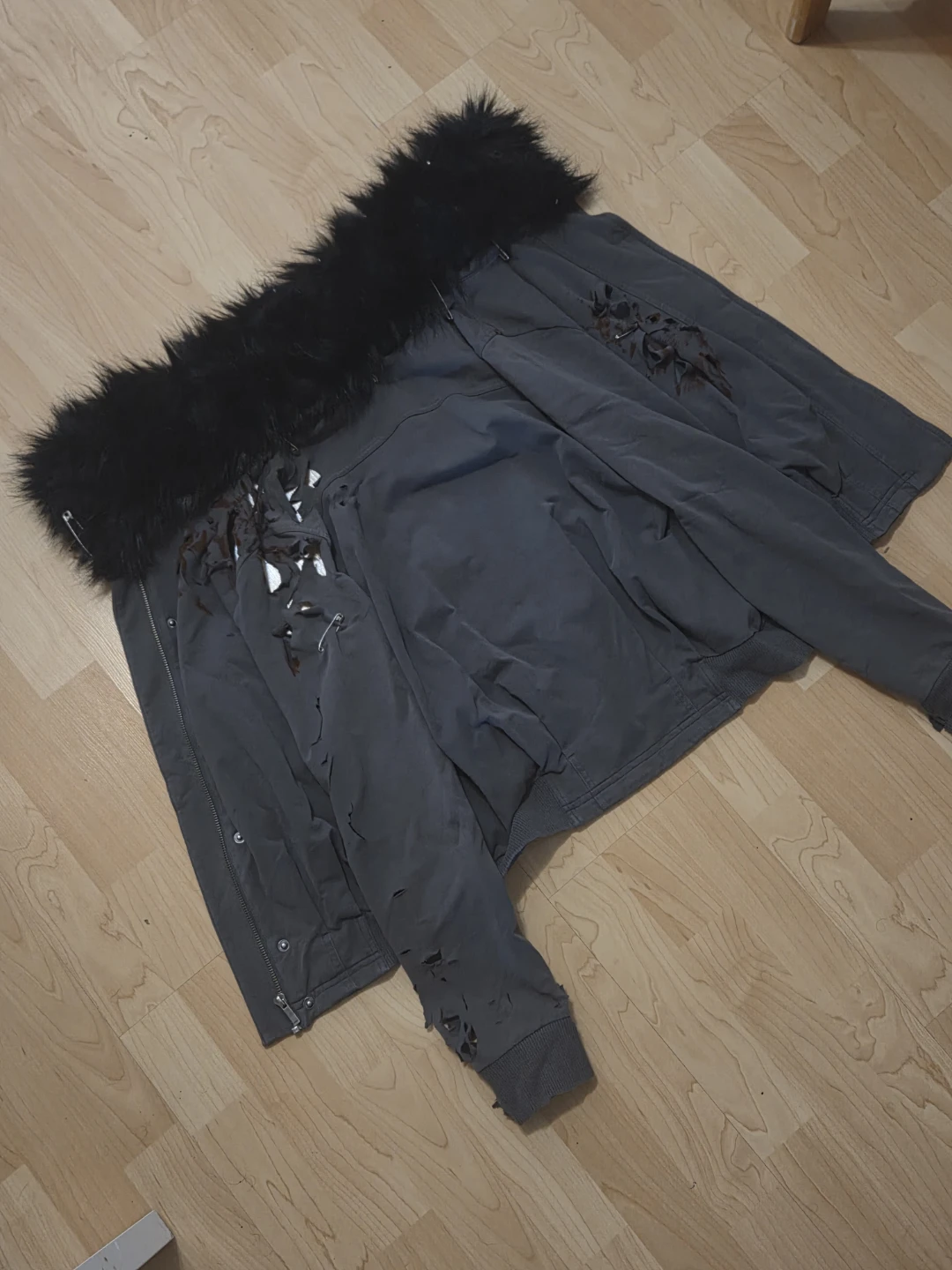 Archive SMFK Grey Distressed Bomber Jacket with Fur Hood