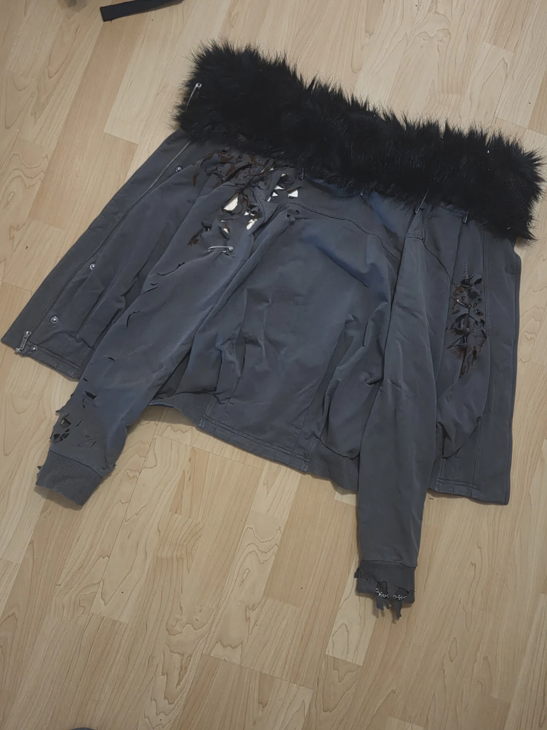 Archive SMFK Grey Distressed Bomber Jacket with Fur Hood - photo 3
