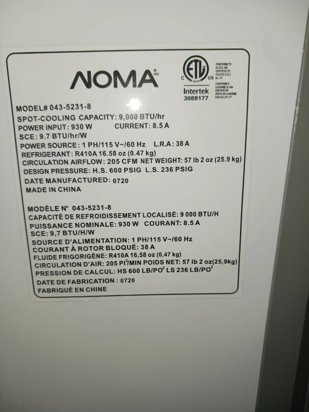 Noma Portable Air Conditioner 9000 BTU - photo 3