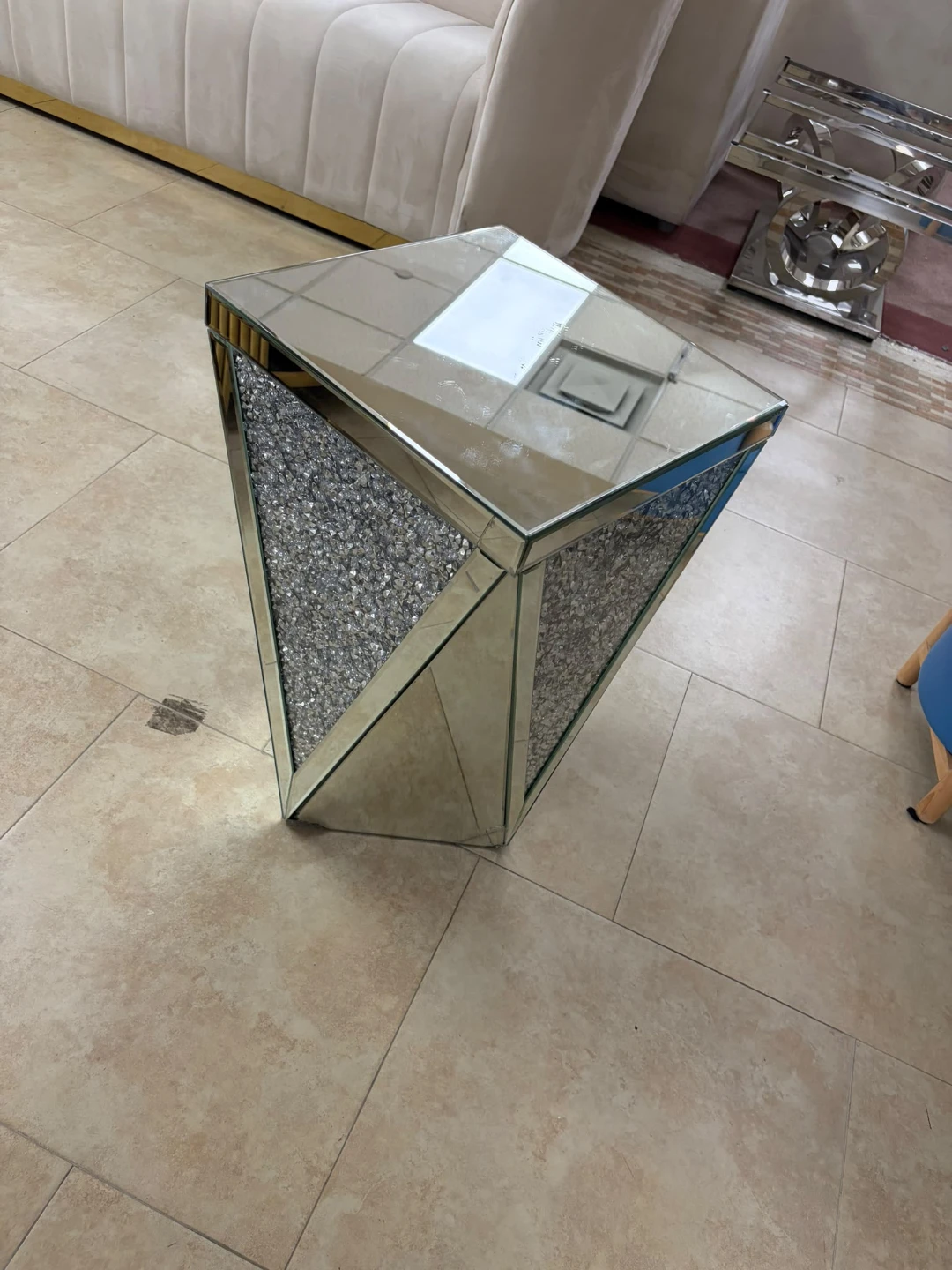 Mirrored Accent Table with Crushed Diamond Detail