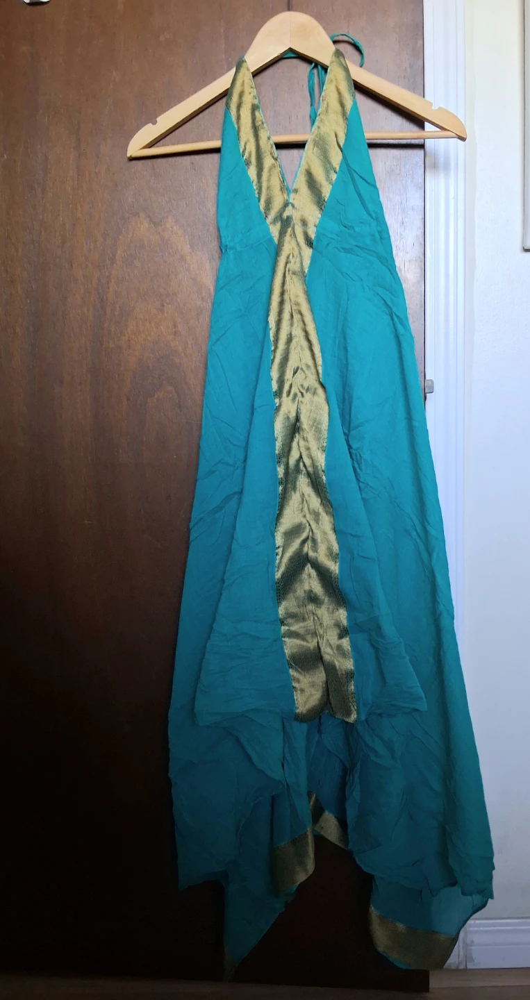 BOHO HALTER TEAL MAXI DRESS WITH GOLD TRIM