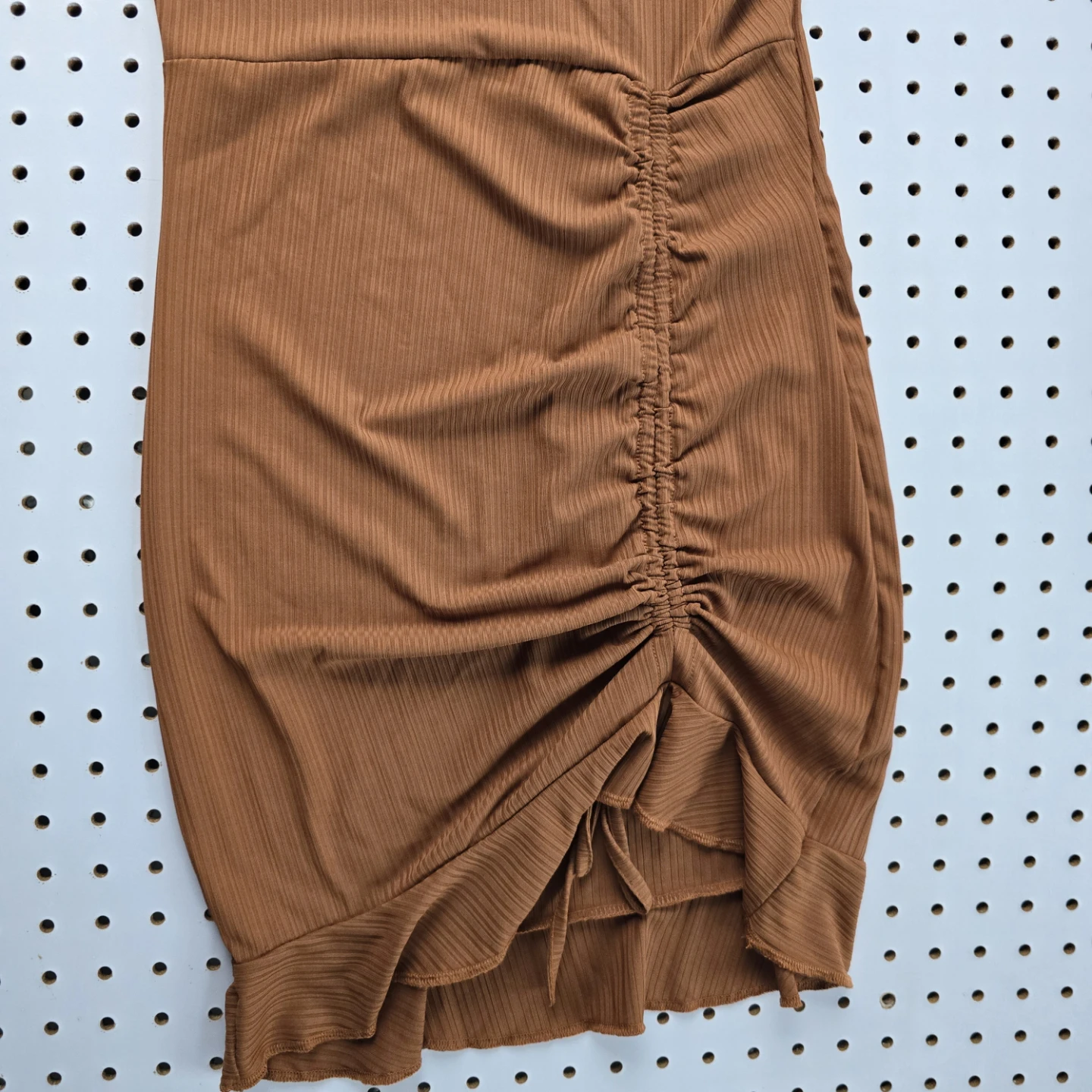 Brown Ribbed One Shoulder Ruched Mini Dress - photo 4