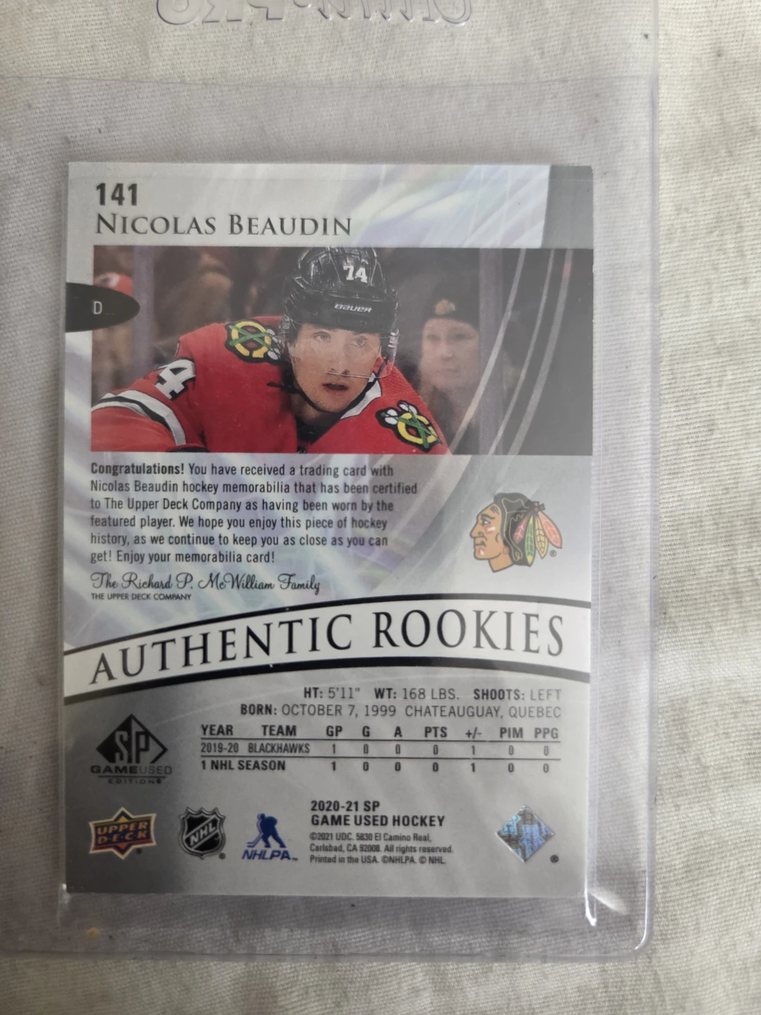 Nicolas Beaudin 141 Authentic Rookies Hockey Card - photo 2
