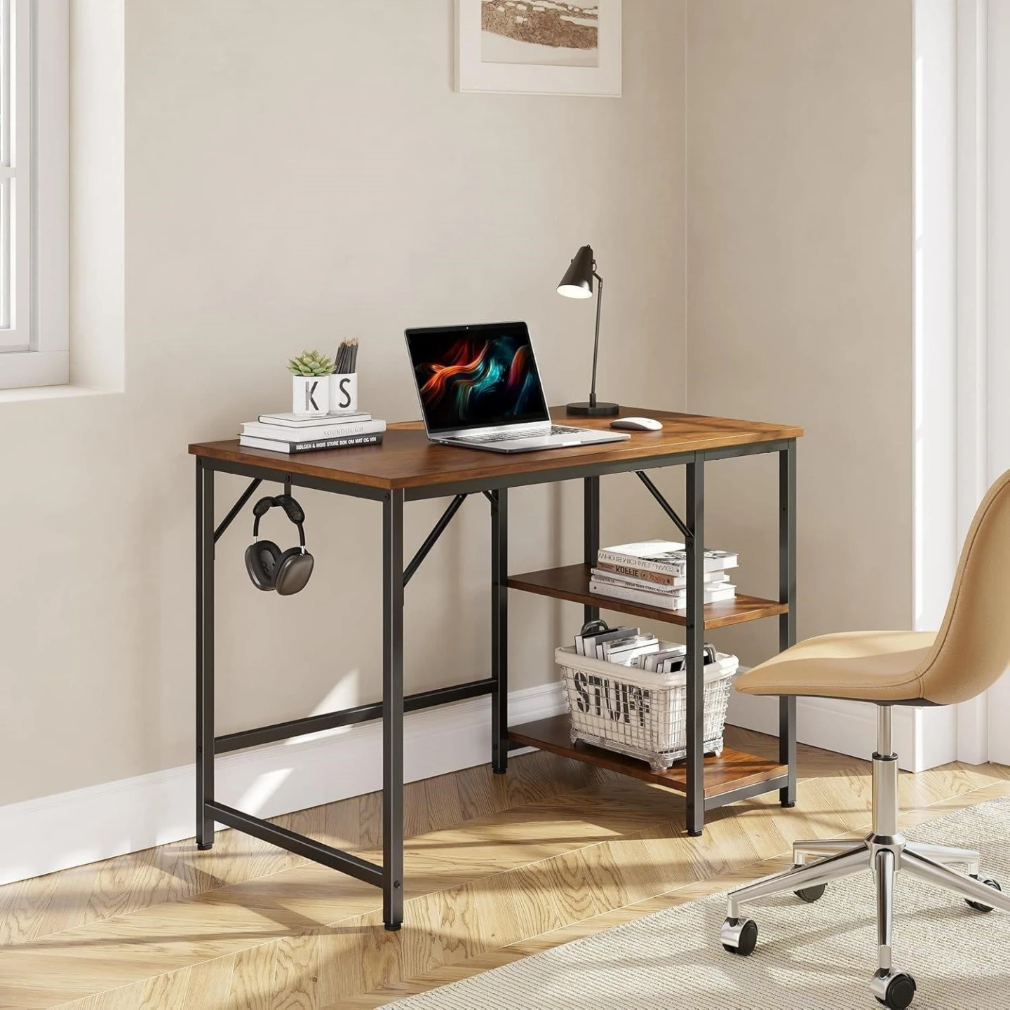 Rustic Brown Computer Desk with Shelves - photo 3