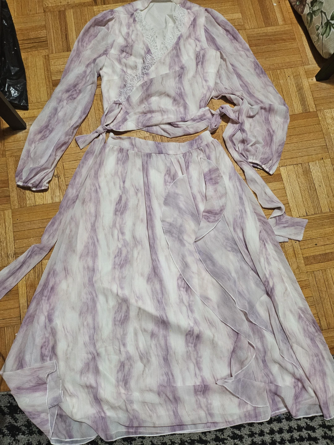 Purple Tie-Front Blouse and Skirt Set - photo 3