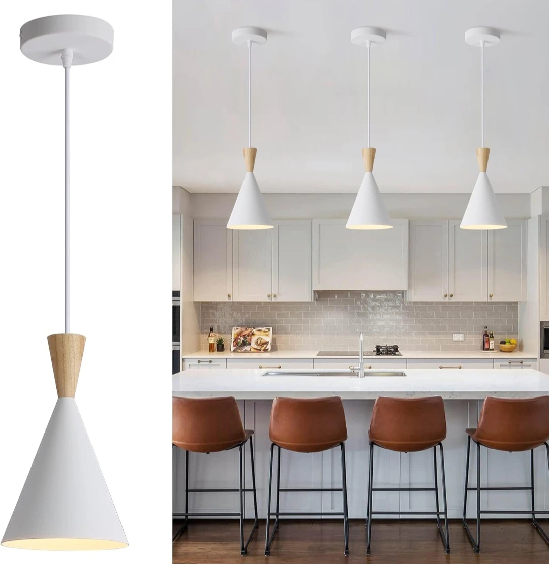 Set of 3 White Pendant Lights with Wood Accents - photo 3