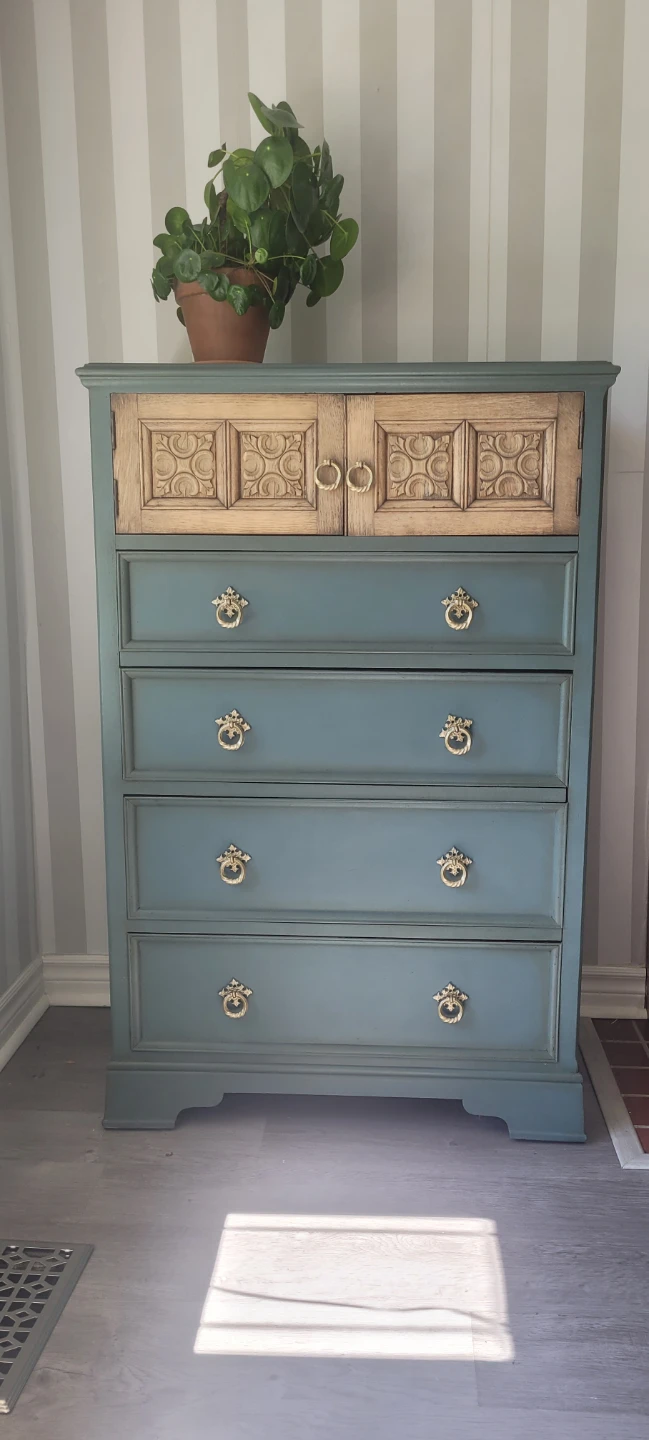 Vintage Blue Dresser with Carved Wood Top
