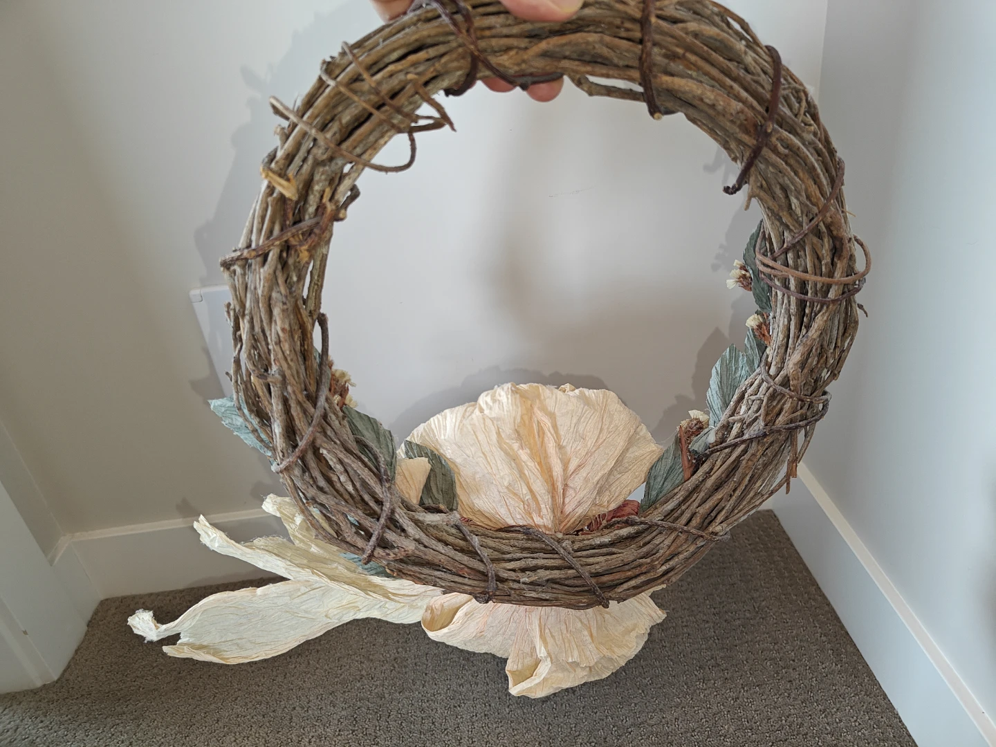 12" Vintage Grapevine Wreath with Paper Ribbon & Floral Accents - photo 3