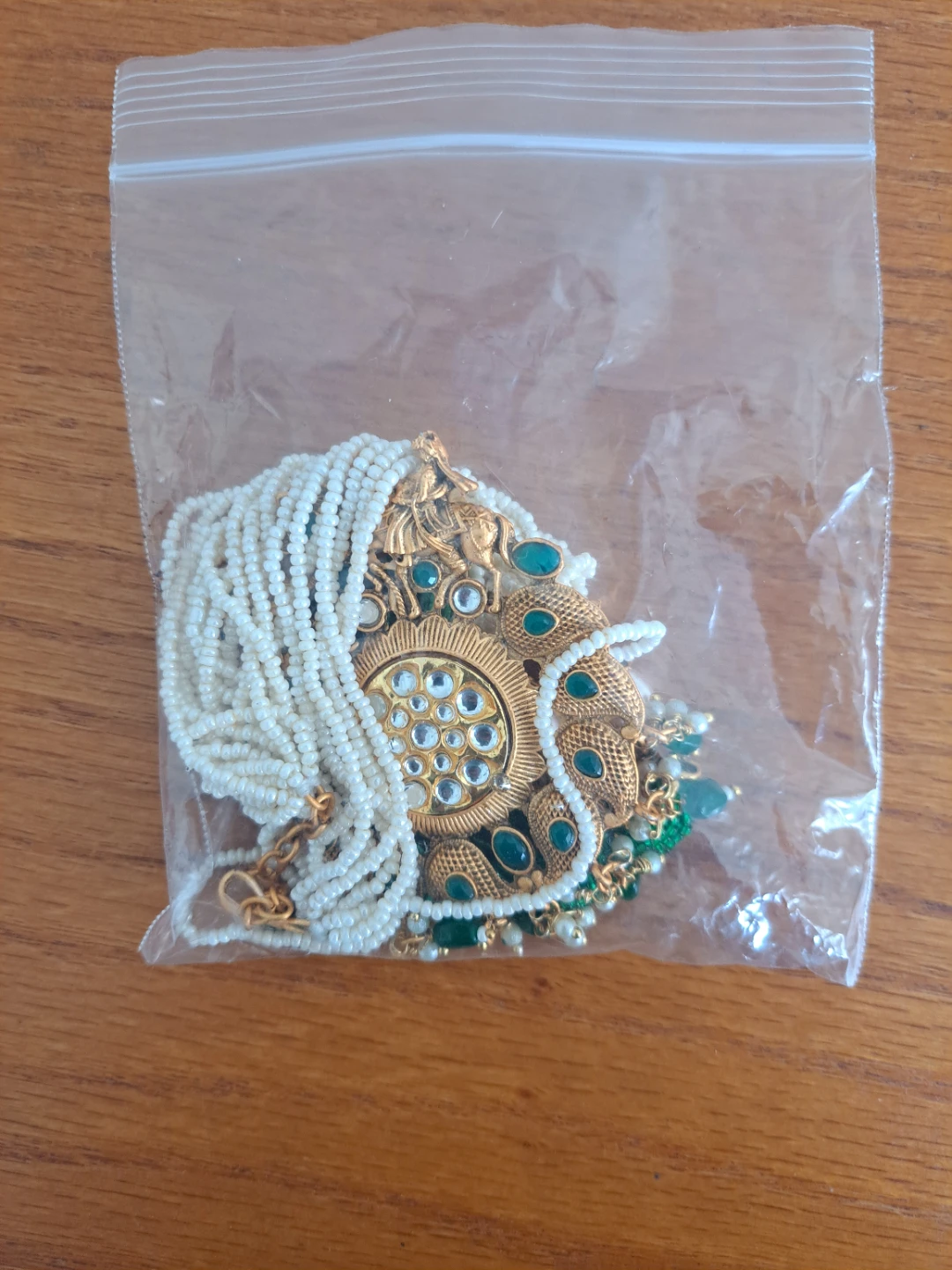 Gold-tone Necklace with White and Green Beads - photo 2