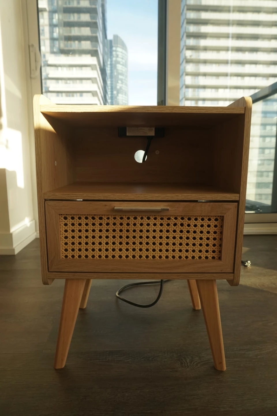 Wooden Bedside Table with Built-in Outlet