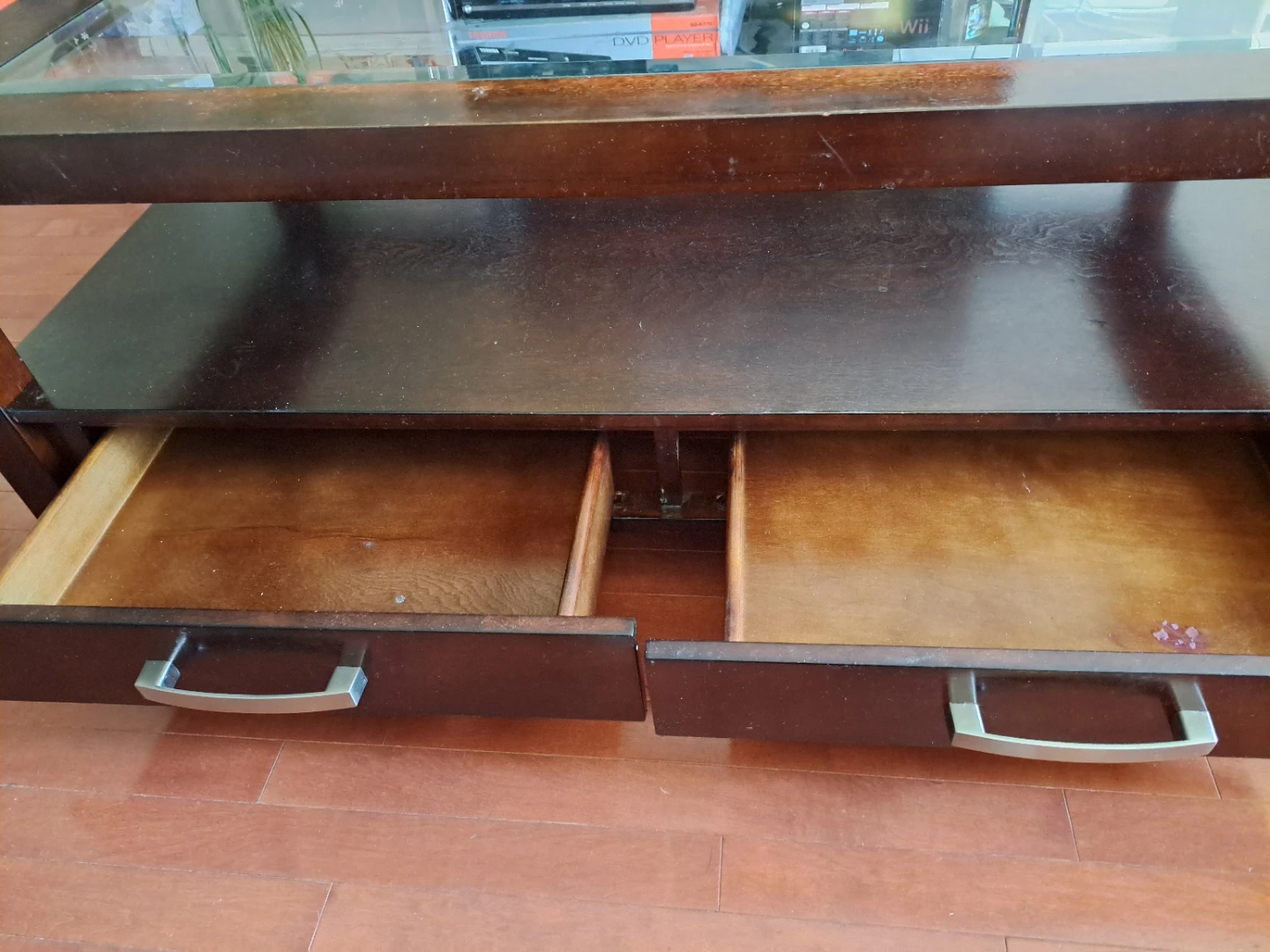 Dark Wood Coffee Table with Glass Top and Drawers - photo 3