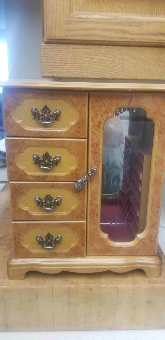 Wooden Jewellery Box with Drawers and Mirrored Door