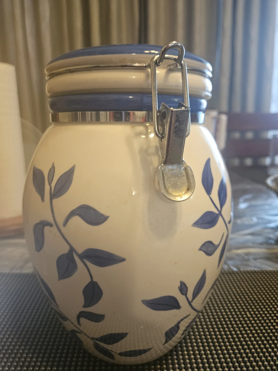 Ceramic Storage Jar with Blue Leaf Design
