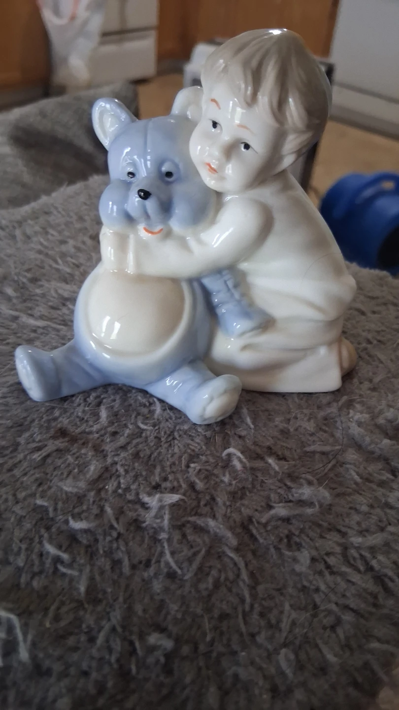Ceramic Figurine of Child Hugging Teddy Bear