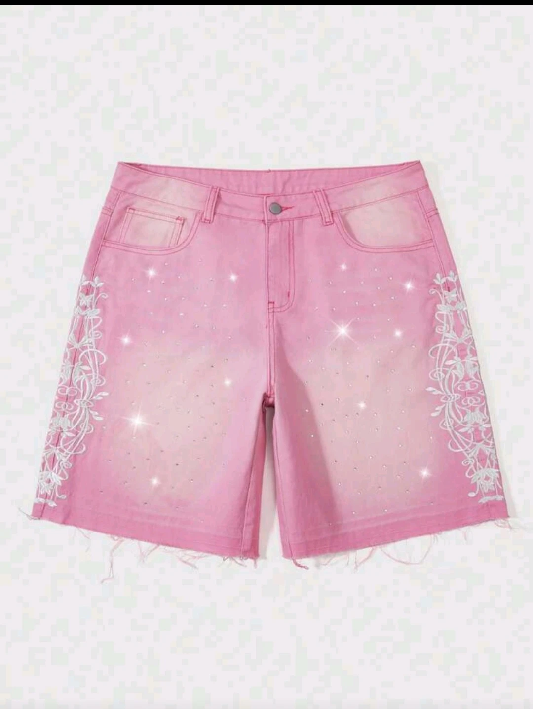 Pink Denim Shorts with Rhinestones and Embroidery