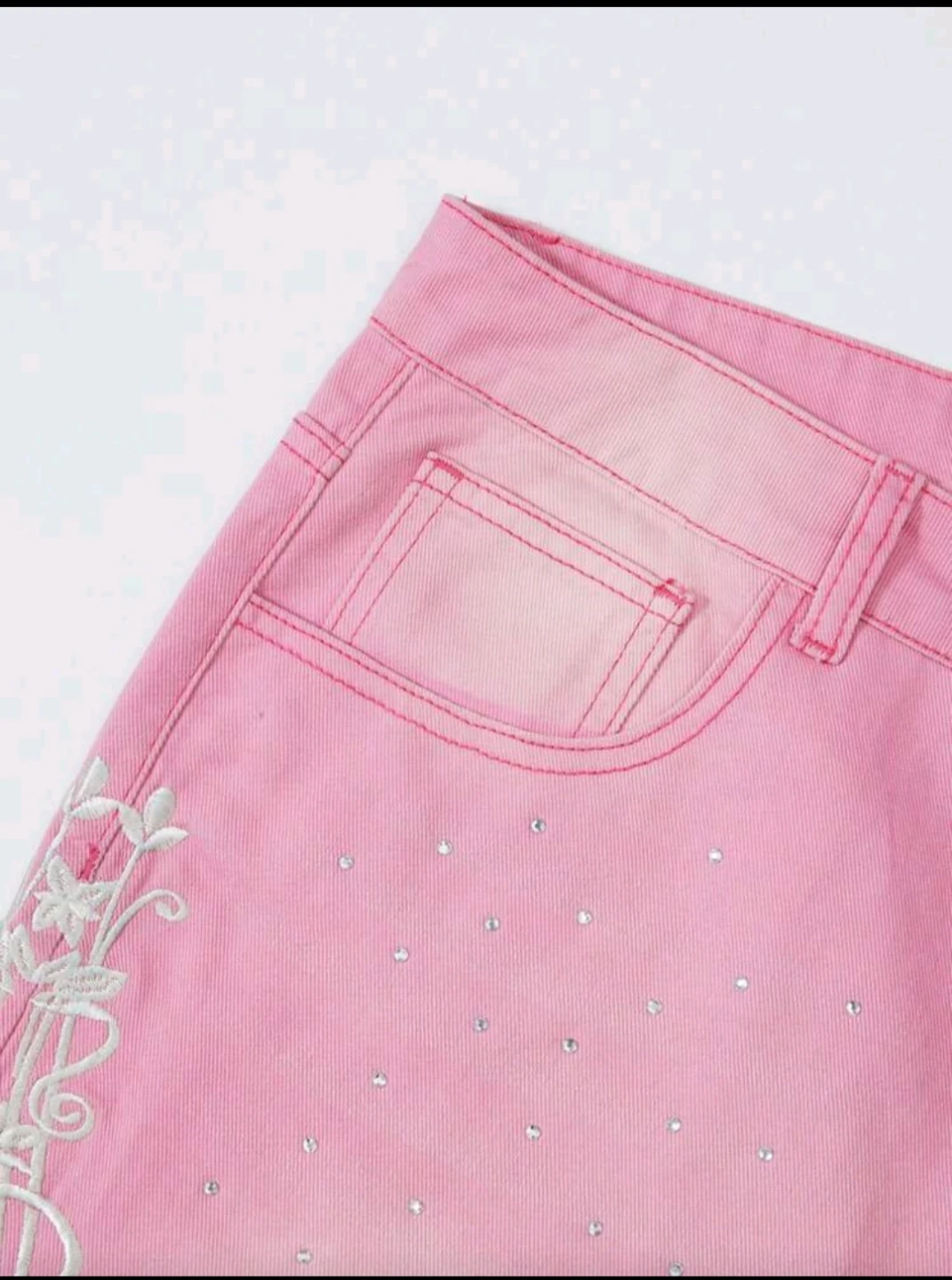 Pink Denim Shorts with Rhinestones and Embroidery - photo 4