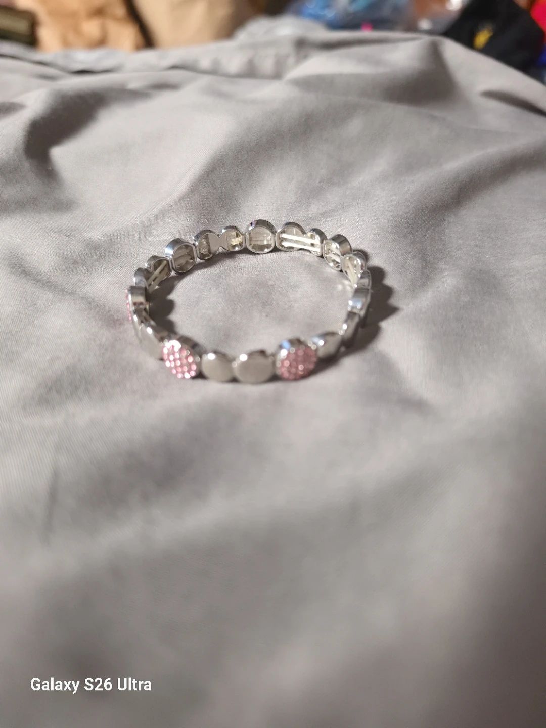 Silver Tone Beaded Bracelet with Pink Gems