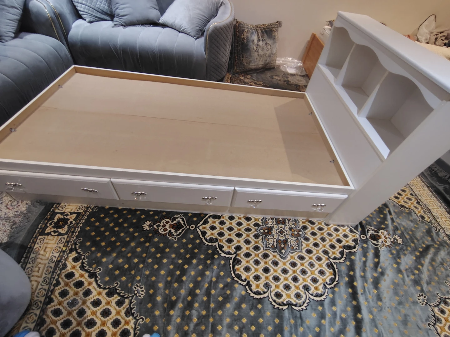 White Twin Bed Frame with Drawers and Bookcase Headboard - photo 2