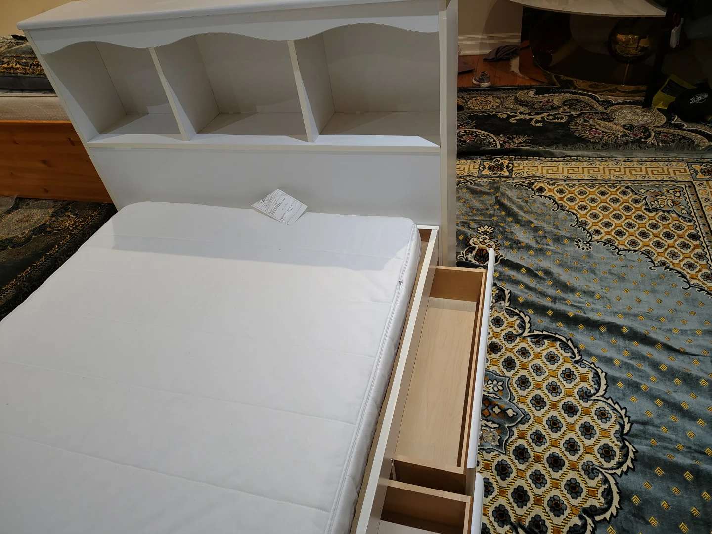 White Twin Bed Frame with Drawers and Bookcase Headboard - photo 4