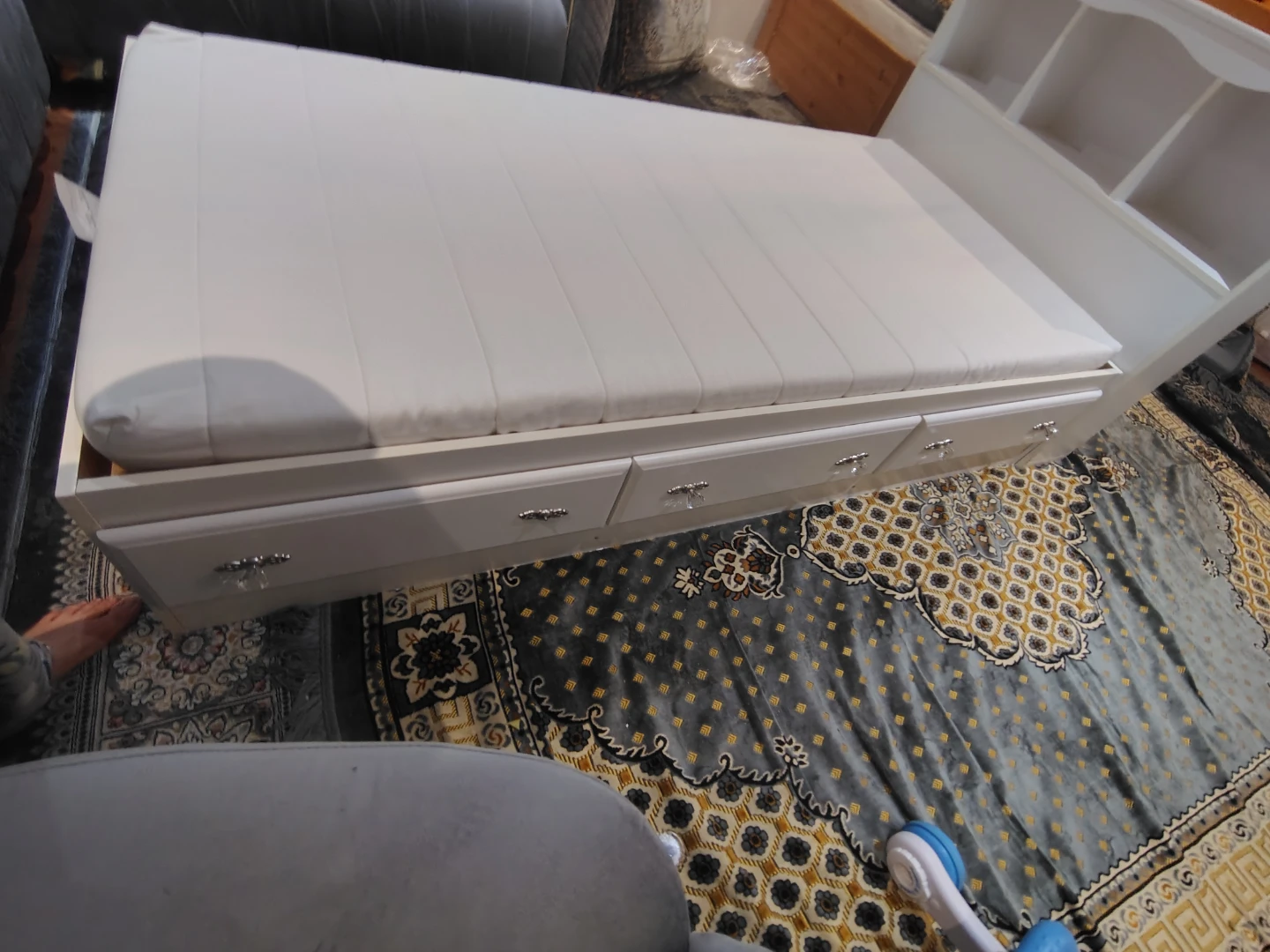 White Twin Bed Frame with Drawers and Bookcase Headboard - photo 5