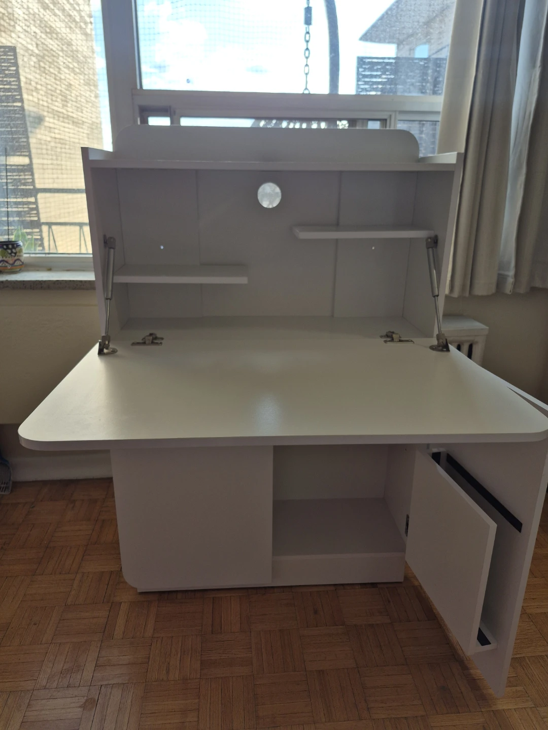 White fold down compact multi-use desk