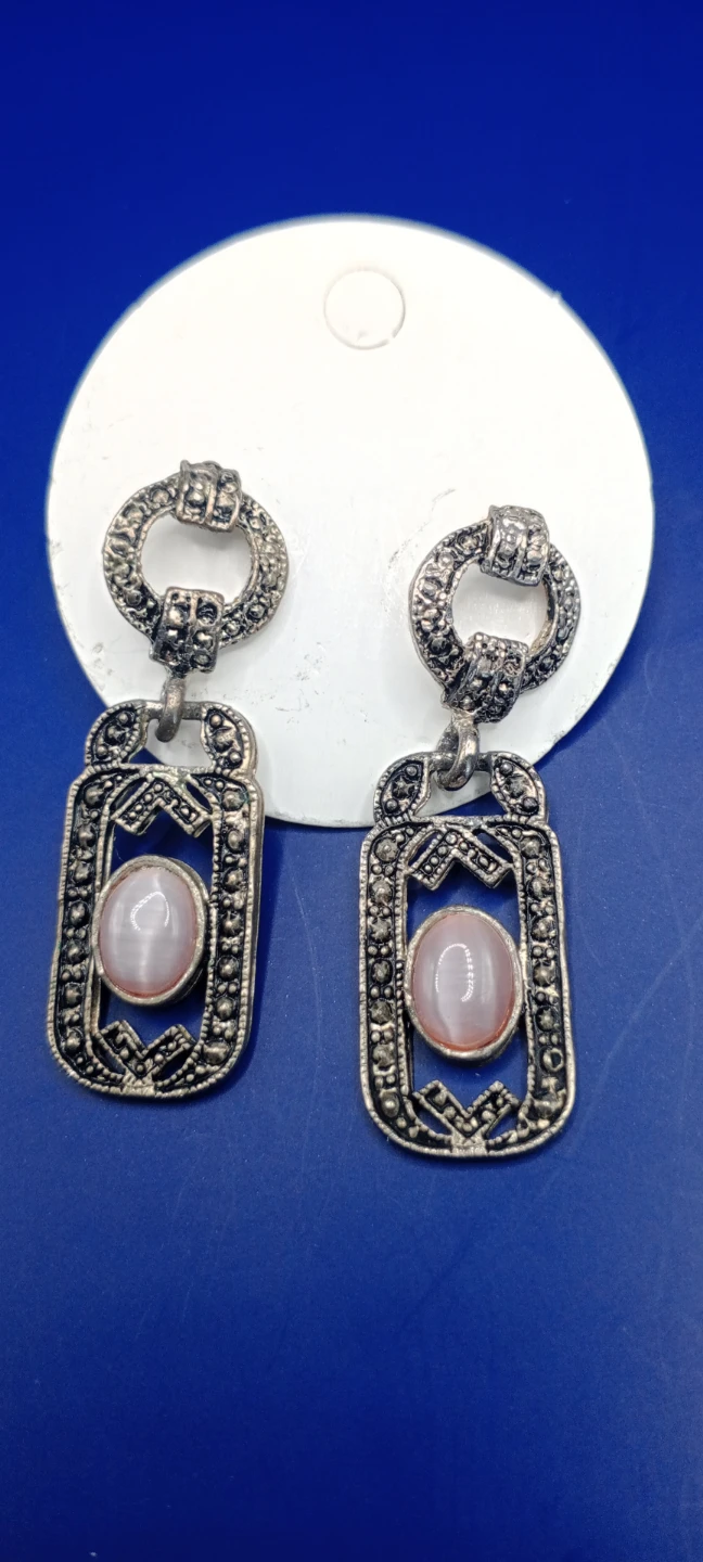 Art Deco Style Drop Earrings with Pink Cabochon Stones