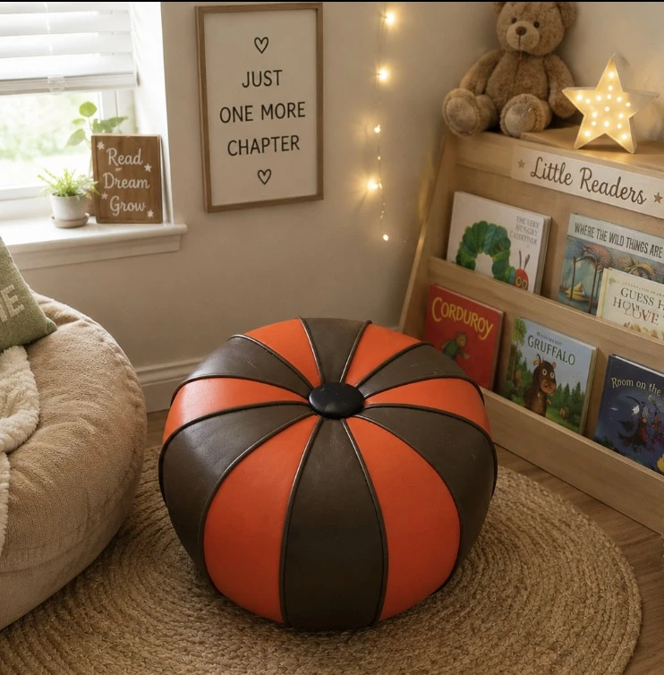 Kids Orange and Brown Round Ottoman Pouf