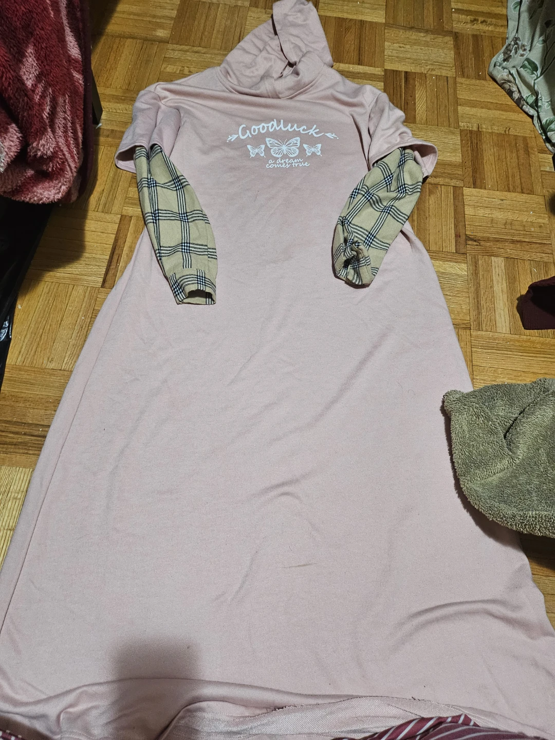 Pink "Goodluck" Dress with Plaid Sleeves - photo 2