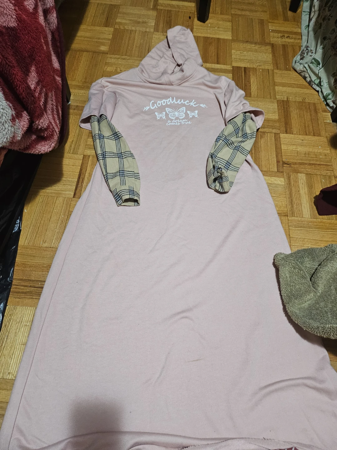 Pink "Goodluck" Dress with Plaid Sleeves - photo 3