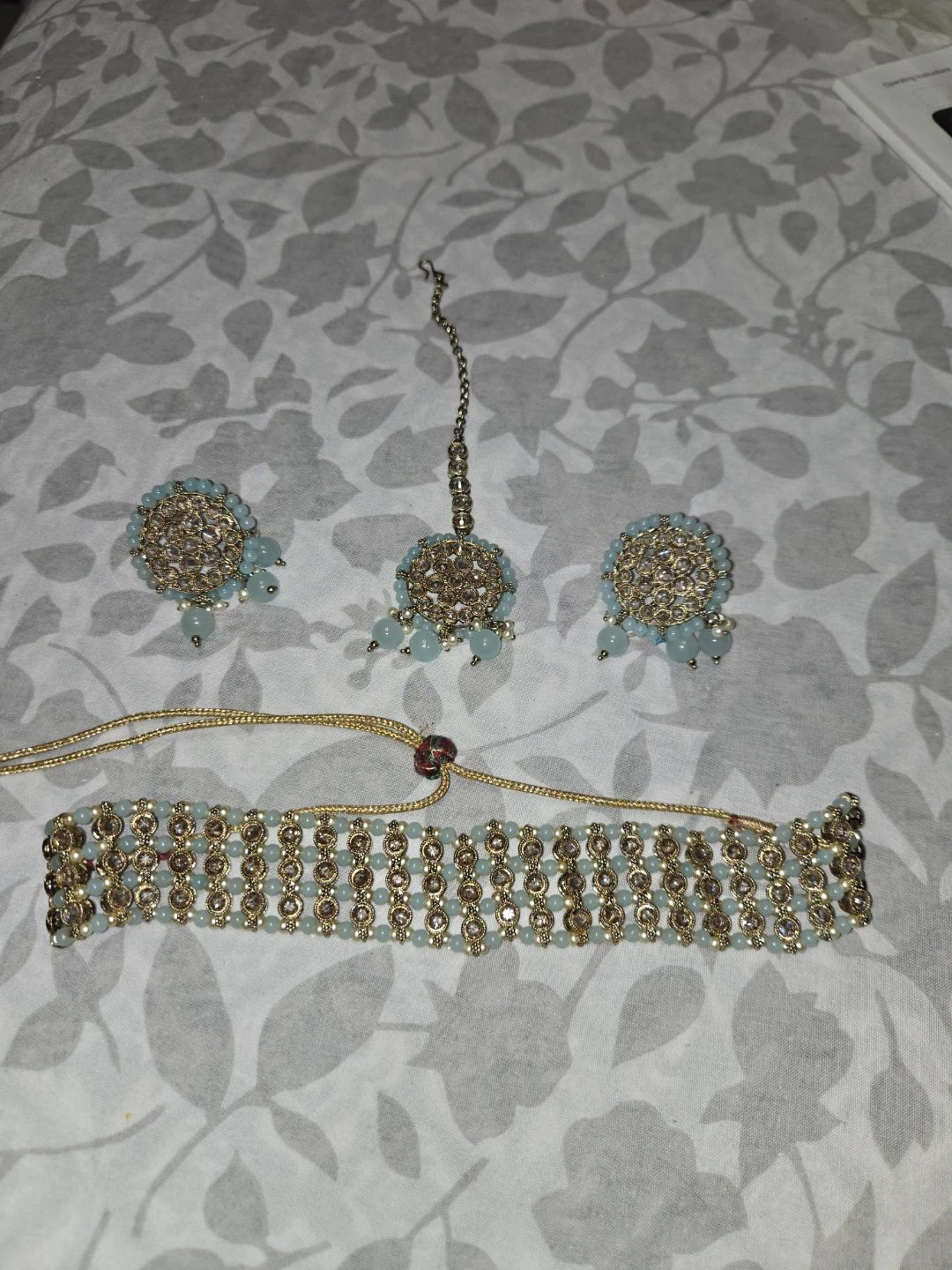 Gold and Blue Beaded Choker Necklace Set with Earrings and Tikka