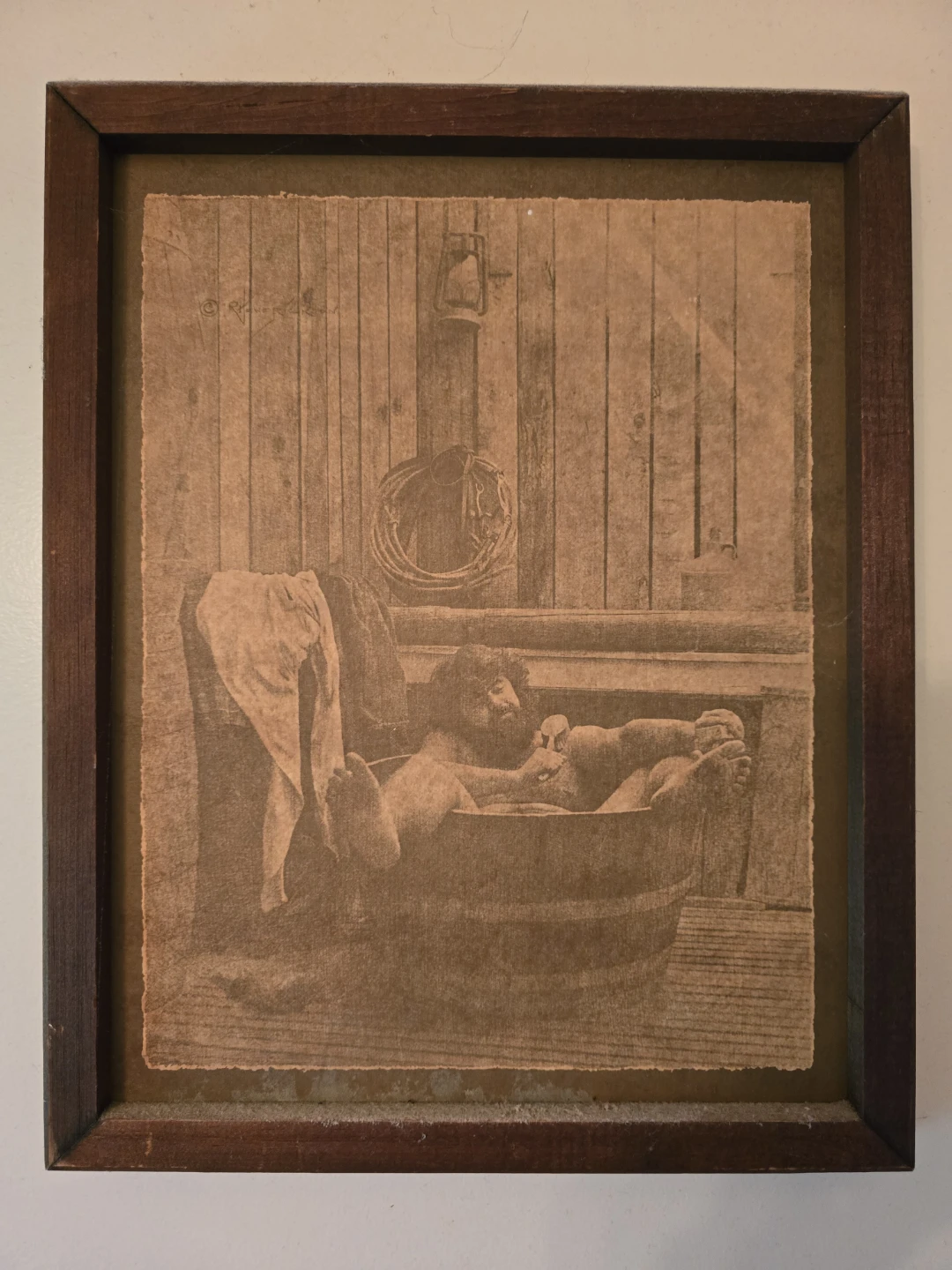 Framed Vintage Print of Man Bathing