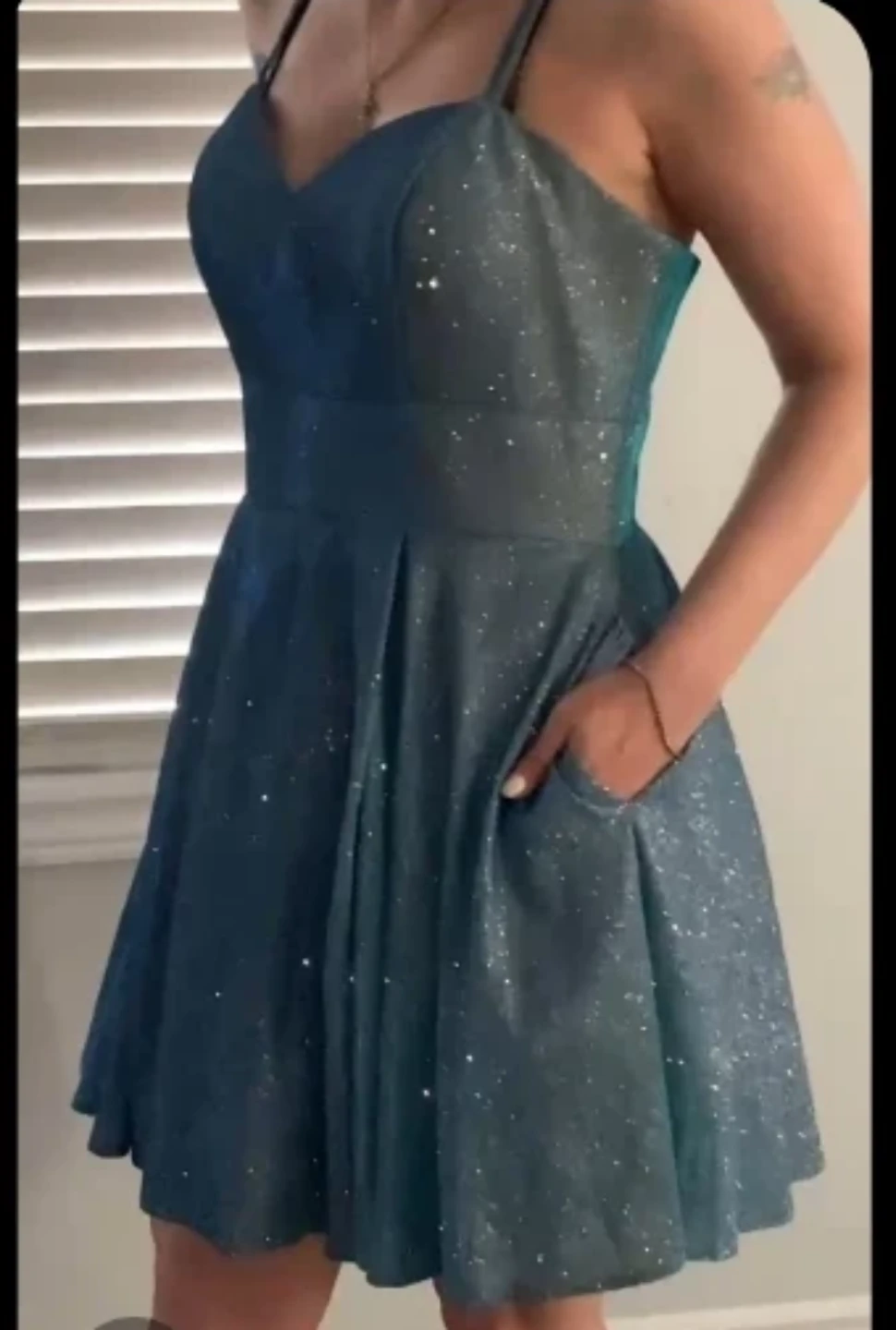 Teal Sparkly Fit and Flare Dress with Pockets - photo 2