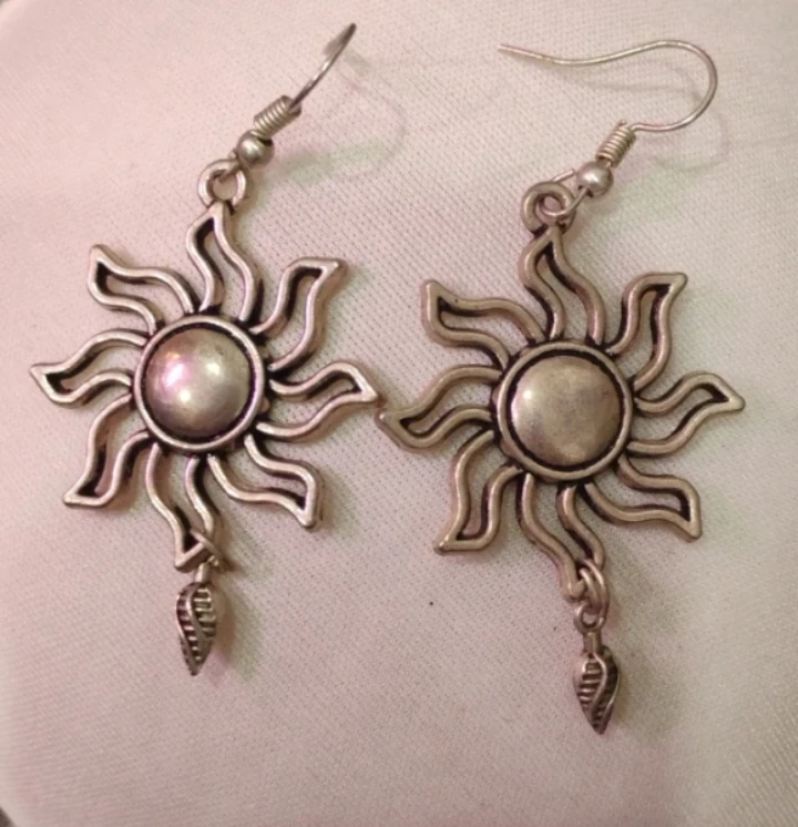 Silver Sun Dangle Earrings with Leaf Charm
