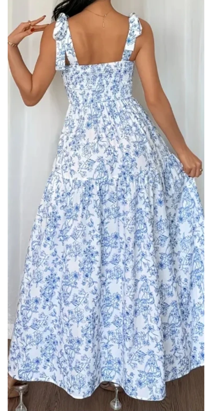 New Blue and White Floral Smocked Maxi Dress - photo 4