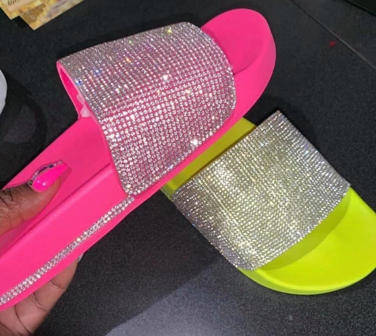Rhinestone Slides Sandals - Pink, green