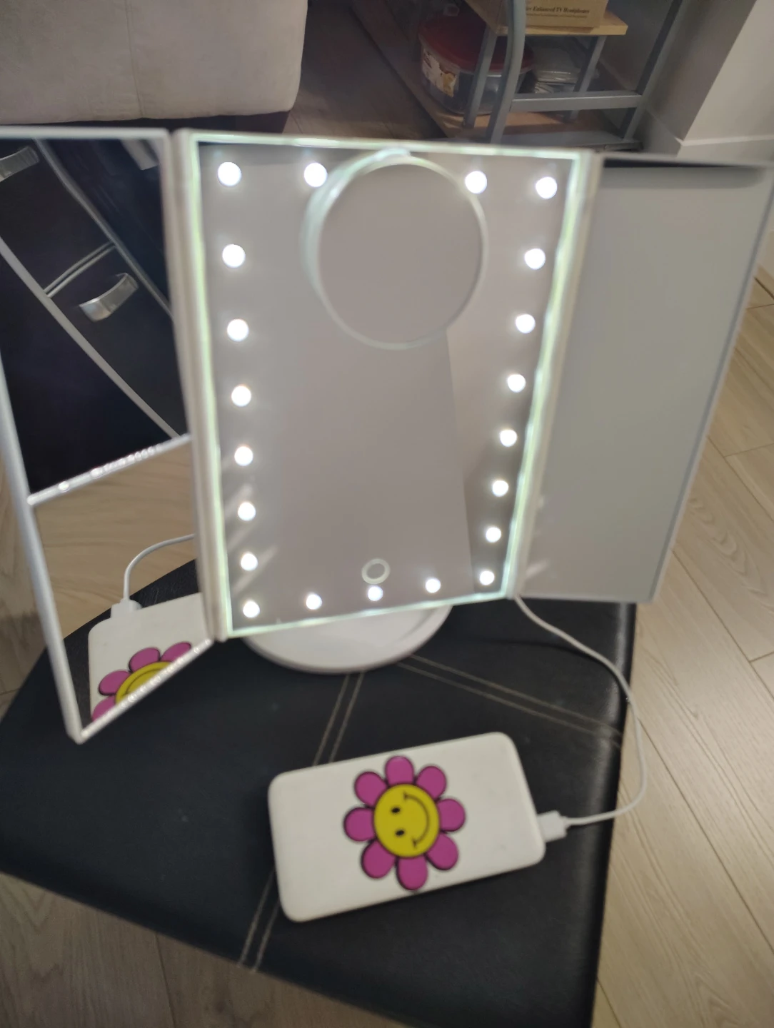 White Tri-Fold LED Makeup Mirror with USB Power Bank