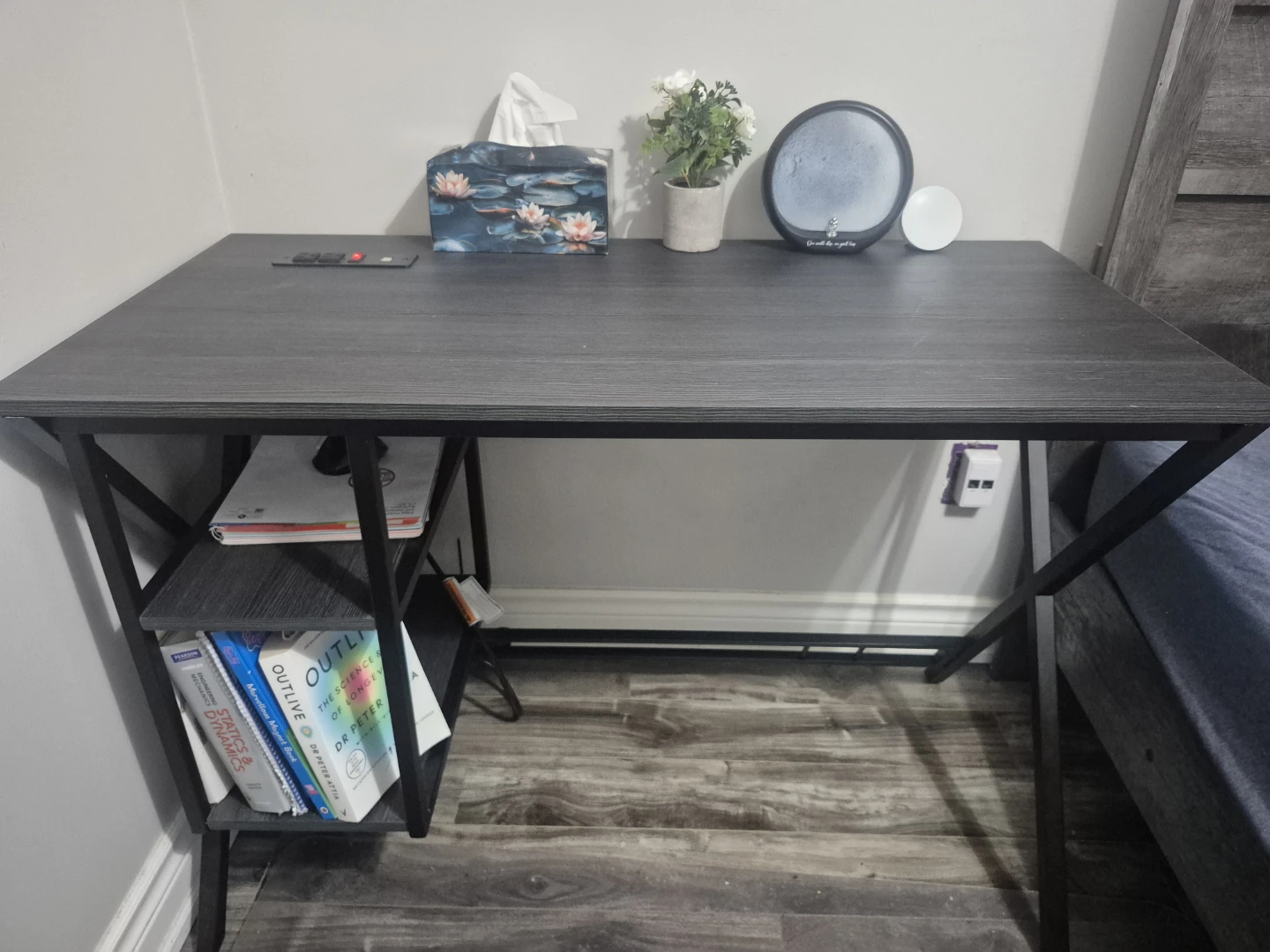 Dark Wood Laminate Desk with Built-in Power Outlets